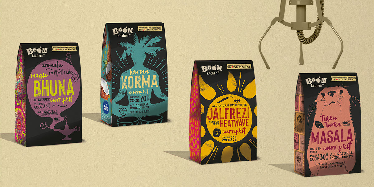 A selection of curry kits; Bhuna, Korma, Jalfrezi, Tikka Masala
