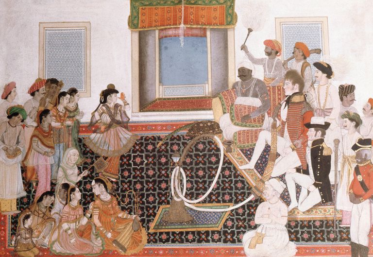 Officers of the East India Company being entertained by local musicians. 